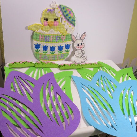 Easter Chick & Rabbit Plastic Canvas & Tulip Felt Wall Decor (or placemats) - Picture 1 of 15